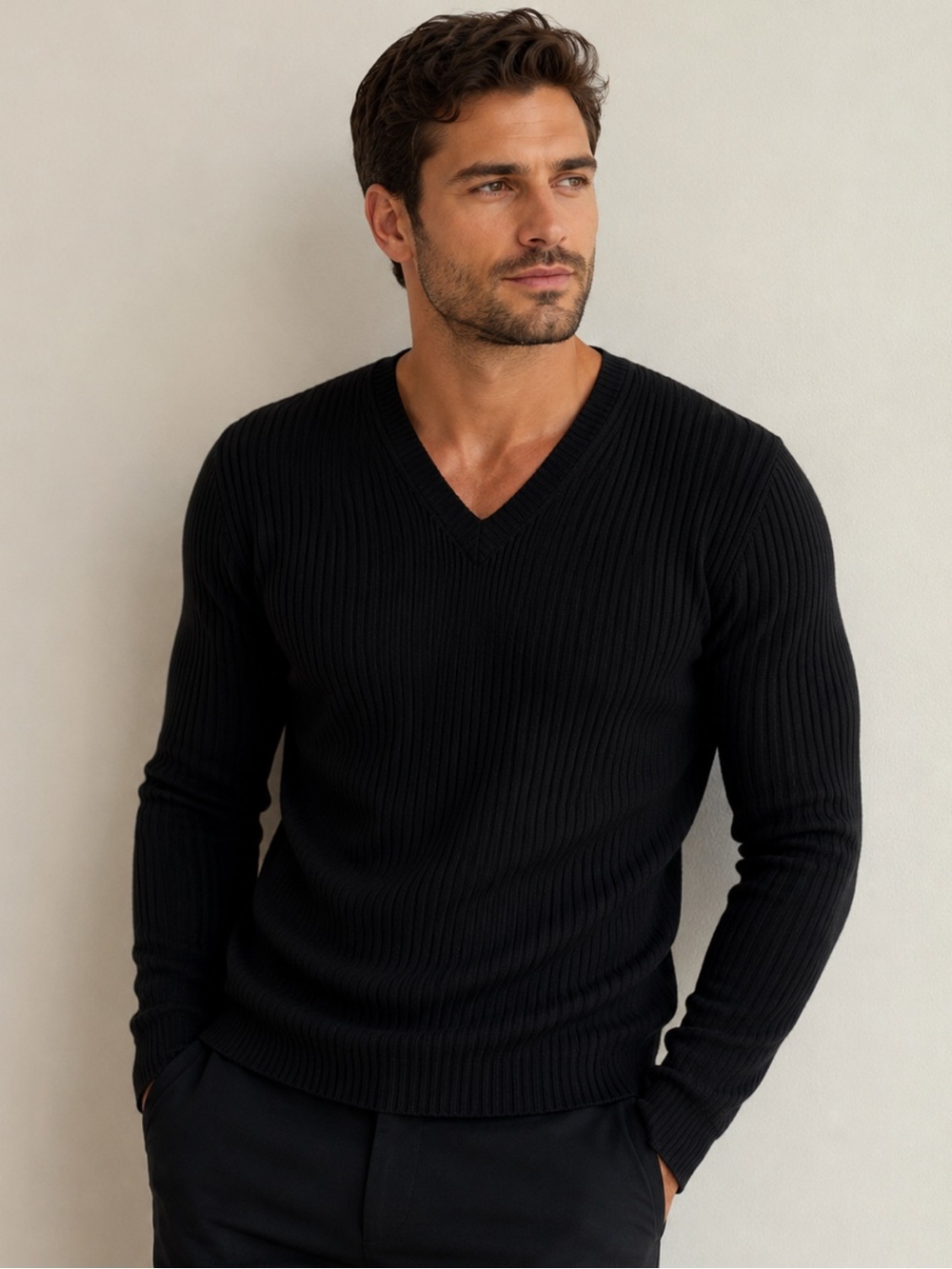 Hugo Hugo Boss Men's Black Ribbed V-Neck Fitted Sexy Wool Sweater Italy XL